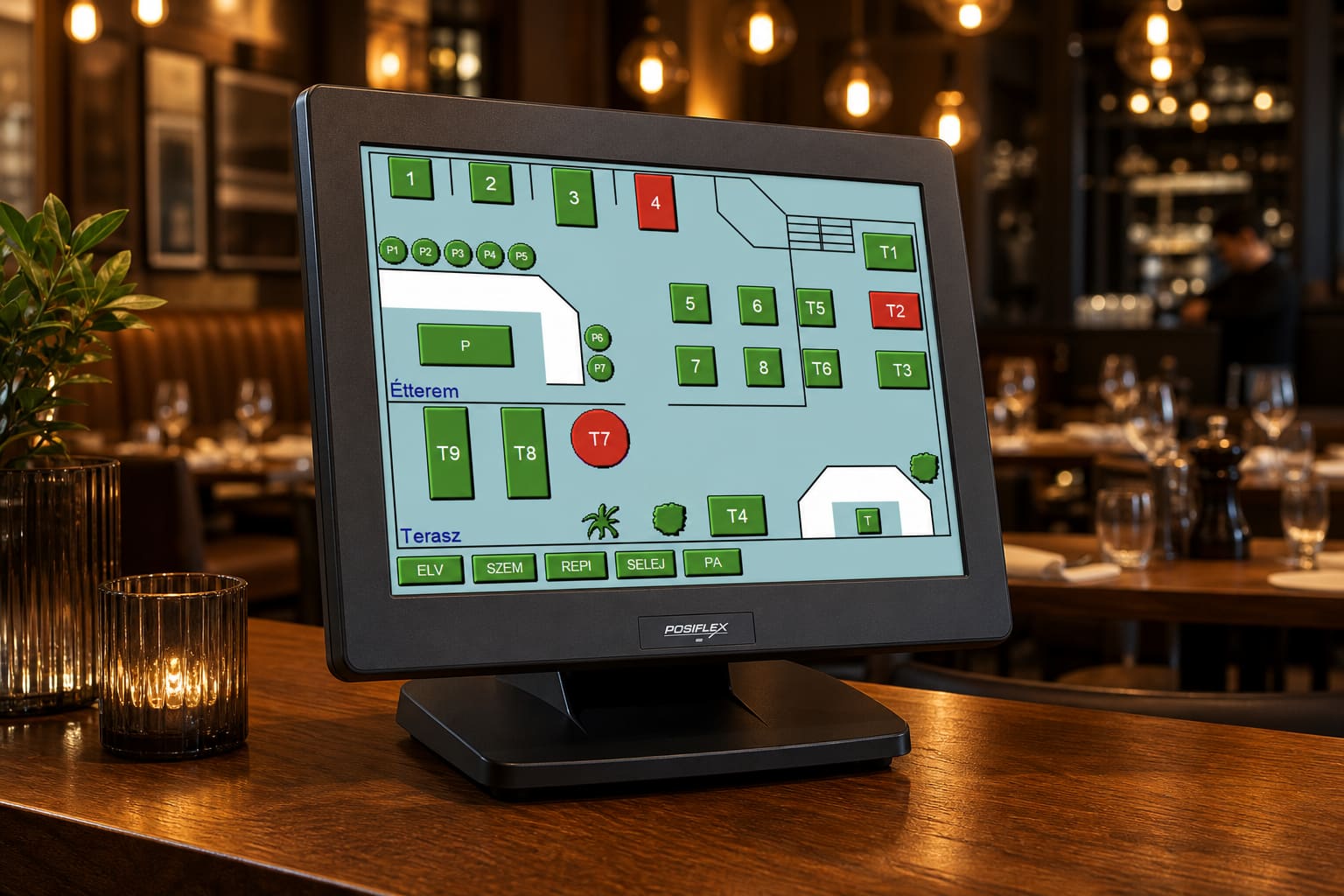 Visual Restaurant® éttermi szoftver kezelőfelülete érintőképernyőn